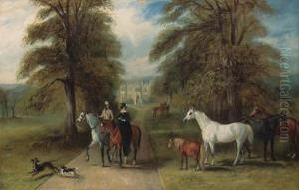 A Lady And A Gentleman Setting 
Out Riding, In The Park Of A Countryhouse, Possibly Barlborough Hall, 
Derbyshire, Visible Through Anavenue Of Trees Beyond Oil Painting by John Jnr. Ferneley
