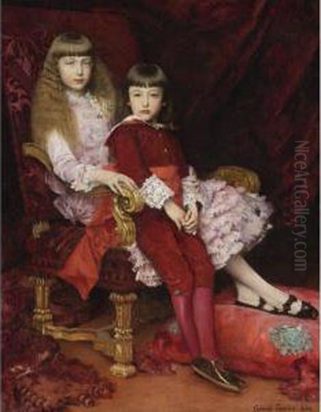 Portrait Of The Duc De Chartres'
 Children: The Duc De Guise And One Of His Sisters, The Future Duchesse 
De Magenta Oil Painting by Gabriel Joseph Marie Augustin Ferrier