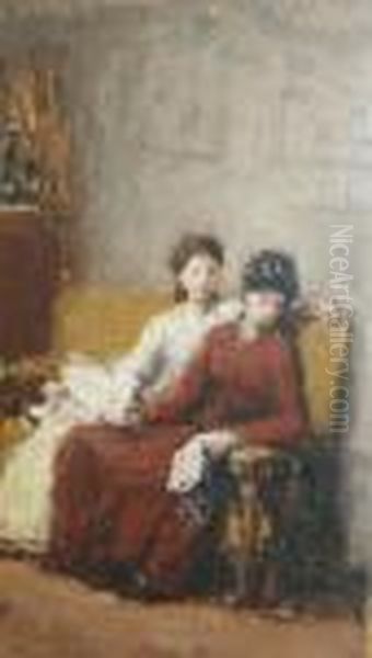 Women Conversing
 And 
Child With A Musician Oil Painting by Jacques Eugene Feyen