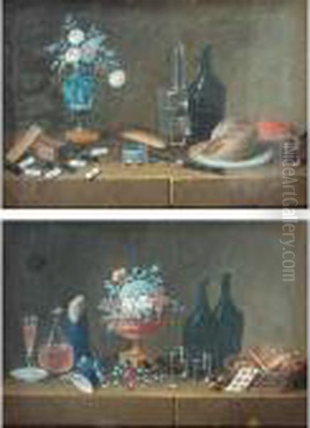A Pair Of Still Lifes With Vases
 Of Flowers, Bottles And Glasses, One With Fresh Fruit, The Other With 
Dried Fruits Oil Painting by Johann Rudolf Feyerabend
