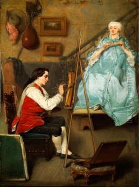 Junger Maler Beim Portraitieren Einer Jungen Frau In Blauem Seidenkleid Oil Painting by Benjamin Eugene Fichel