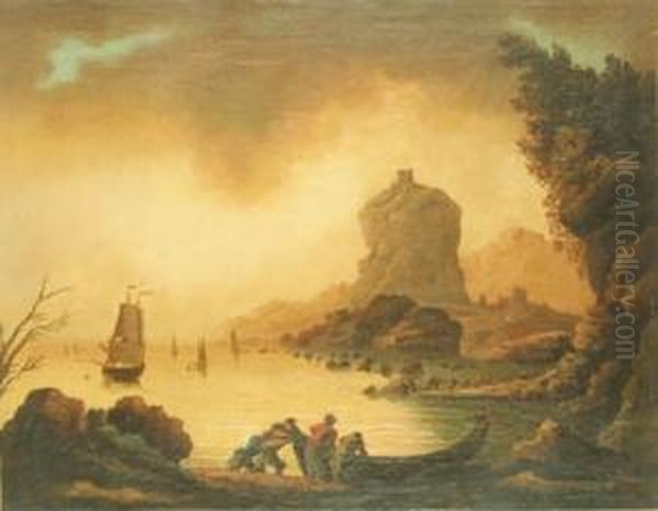 Marina Con Scogli E Pescatori Oil Painting by Francesco Fidanza