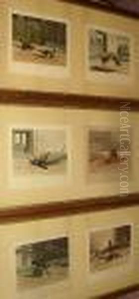 Cockfighting, Plates I To Vi, On
 Wove, Hand-coloured Without Margins Published By R. Ackerman 1853 Oil Painting by Newton Fielding