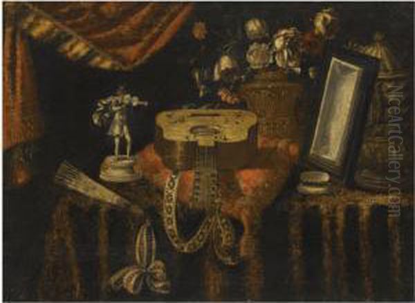 A Still Life With A Guitar, A 
Fan, A Statuette Of A Violinist, Asnuff Box, A Mirror And Flowers, All 
On A Draped Table Oil Painting by Francesco (Il Maltese) Fieravino