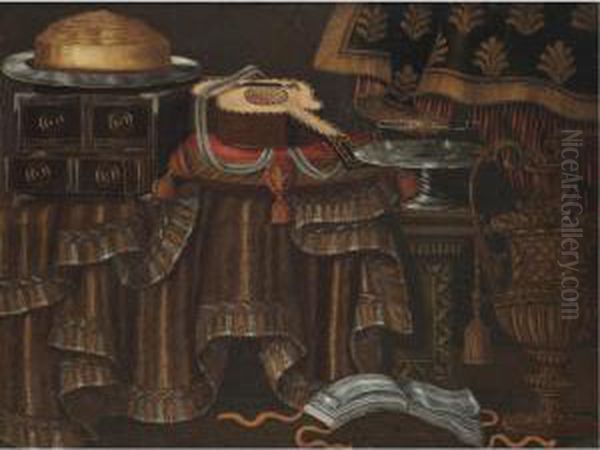 A Still Life With A Guitar On A 
Cushion Together With Other Objects On A Partly Draped Table With An 
Open Manuscript And An Urn In The Foreground Oil Painting by Francesco (Il Maltese) Fieravino