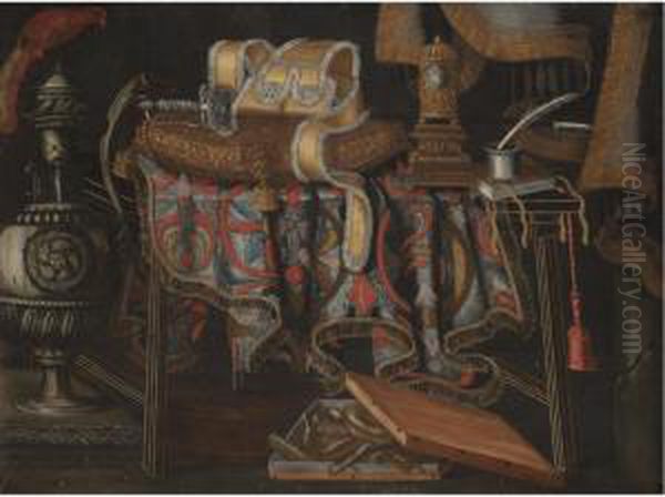 A Still Life With A Sword 
Resting On A Cushion, A Clock, A Book And An Inkwell On A Partly Draped 
Table Together With A Box Of Sweetmeats And An Urn In The Foreground Oil Painting by Francesco (Il Maltese) Fieravino