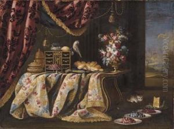 Silver Gilt Pots, A Cabinet, A 
Bowl Of Cherries, A Plate Of Bread Rolls, A Parrot And Flowers On A 
Draped Table, With A Cat And Plates Of Berries And Cheese Oil Painting by Francesco (Il Maltese) Fieravino