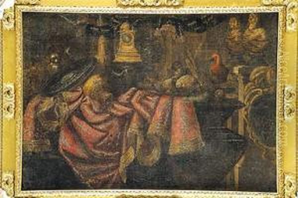 Bodegon: Objetos De Bronce Sobre Una Mesa Con Rico Pano De
 Brocado, Un Perro Y Un Loro Oil Painting by Francesco (Il Maltese) Fieravino