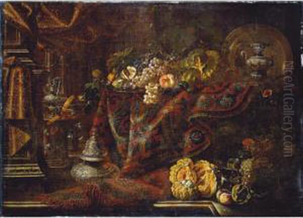An Interior With A Fruit-laden 
Large Pewter Dish On A Table Draped With A Patterned Carpet; An Incense 
Burner, Melons And Other Fruit Arranged In The Foreground Oil Painting by Francesco (Il Maltese) Fieravino
