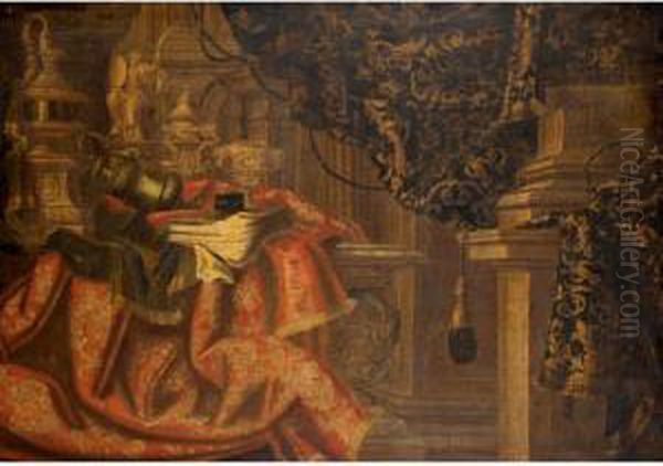 Still Life With Silver And Gilt 
Urns, Together With A Gilt Statue Of Minerva On An Embroidered Cloth 
Draped Over A Table Oil Painting by Francesco (Il Maltese) Fieravino