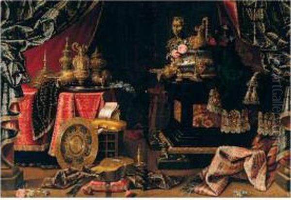 A Still Life Of Silver And Gilt 
Objects Including A Basin, Ewers, A Wine Cooler And A Candlestick, 
Together With A Violin, Guitar, Musical Score, Mirror, And A Classical 
Bust Upon A Table And Casket, In An Interior Draped With Carpets And 
Richly E Oil Painting by Francesco (Il Maltese) Fieravino