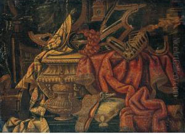 Still Life With Armour And An 
Embroidered Carpet On A Marble Table, Together With A Drum And A Bronze 
Urn Oil Painting by Francesco (Il Maltese) Fieravino