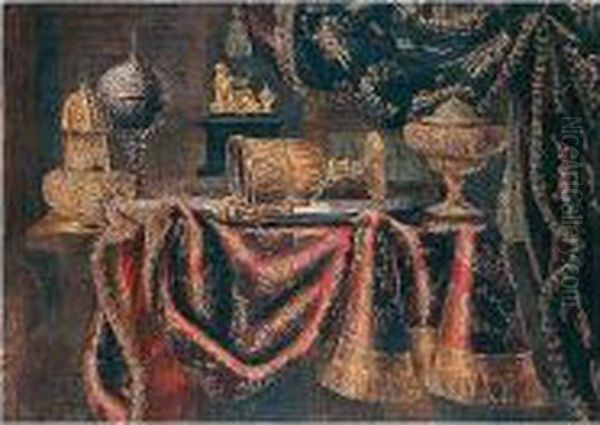 Still Life Of Silver Vessels 
Including A Ewer And Basin Upon A Table Draped With A Carpet Oil Painting by Francesco (Il Maltese) Fieravino