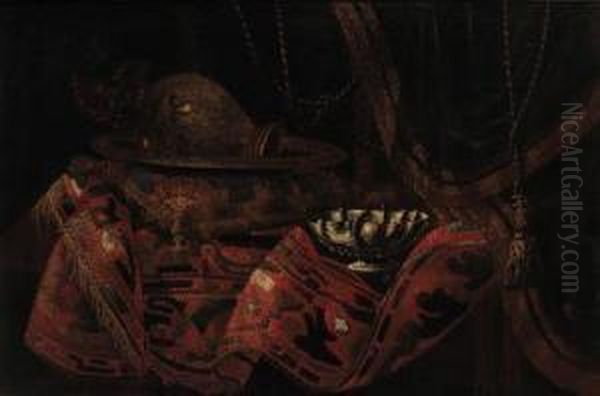 A Turkey Carpet On A Table With A
 Brocade Cushion, A Ewer, And Asilver Bowl, Before A Curtain Oil Painting by Francesco (Il Maltese) Fieravino