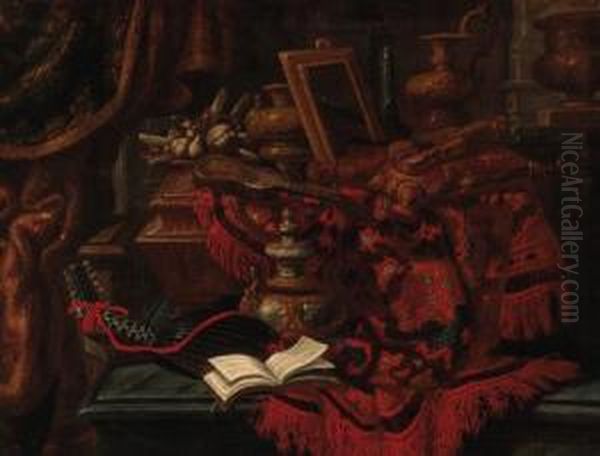 Violins, Ornamental Vases, A 
Mirror And A Book Of Music On Apartially Draped Ledge In An Interior Oil Painting by Francesco (Il Maltese) Fieravino
