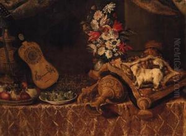 A Dog On A Cushion With An 
Upturned Ornamental Gilt Jug, A Bowl Offigs, A Basket Of Fruit, A 
Guitar, An Urn And A Vase Of Flowers Ona Draped Table Oil Painting by Francesco (Il Maltese) Fieravino