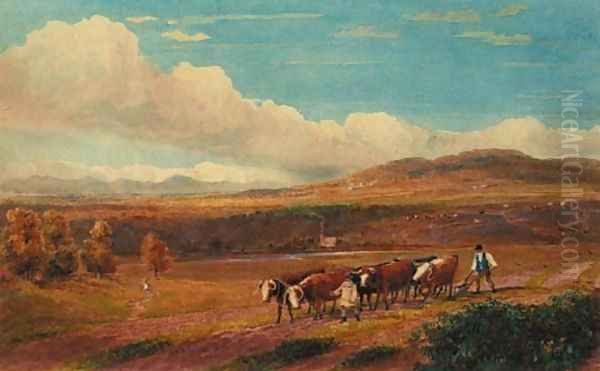 Ploughing with Oxen in Herefordshire with Stone Park and the Malvern Hills in the distance Oil Painting by David Cox