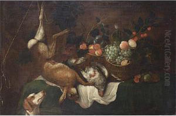 A Hunting Still Life With A 
Hare, A Partridge And Fruit In Baskets, All On A Table Draped With A 
Green Cloth, A Dog In Front Oil Painting by Joannes Fijt