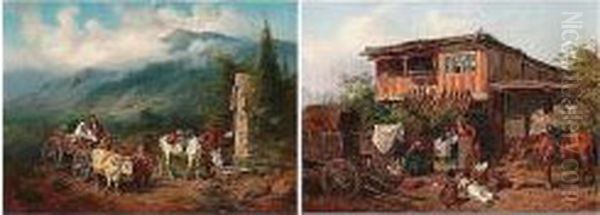 A Pair Of Genre Paintings 
Depicting Caucasian Scenes, Including Travellers Stopping By A Water 
Well And Gipsies Bartering Oil Painting by Konstantin Nikolaevich Filipov