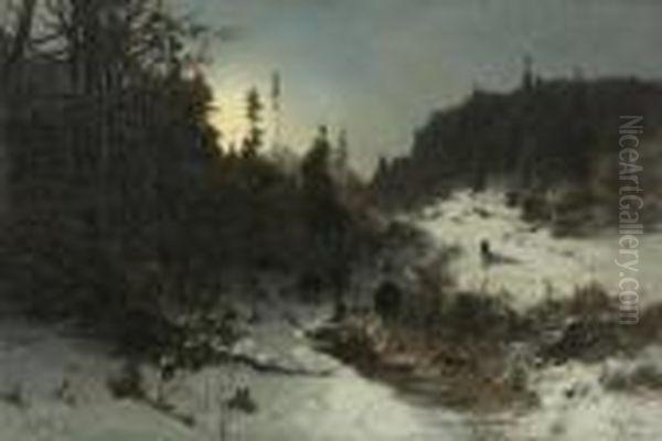Wildschweinrotte Im Nachtlichen
 Winterwald. Oil Painting by August Fink