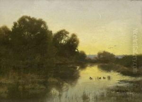 Nachtliche
 Teichlandschaft. Oil Painting by August Fink