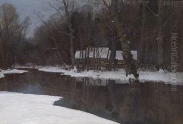 Bauernhaus Am Wasser Im
 Winterwald. Oil Painting by August Fink