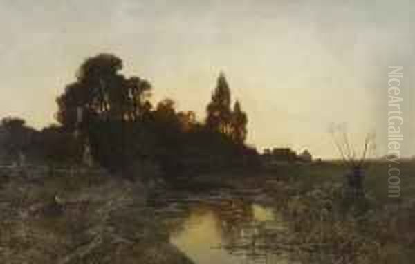 Abendstille Bei
 Sonnenuntergang: Oil Painting by August Fink