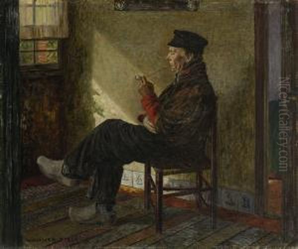 Pfeifenraucher Am
 Fenster. Oil Painting by Walther Firle