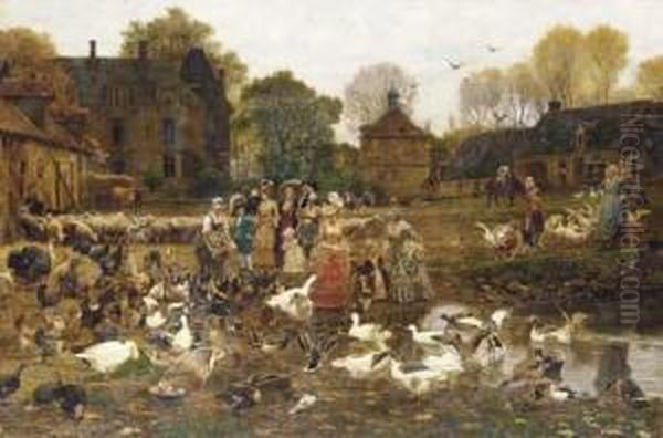 Une Visite A La Ferme Oil Painting by Marie-Francois-Firmin Girard