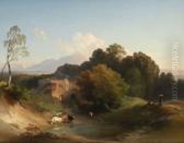 Vorgebirgslandshaft Mit
 Schlosruine Oil Painting by Johann Heinrich Fischbach
