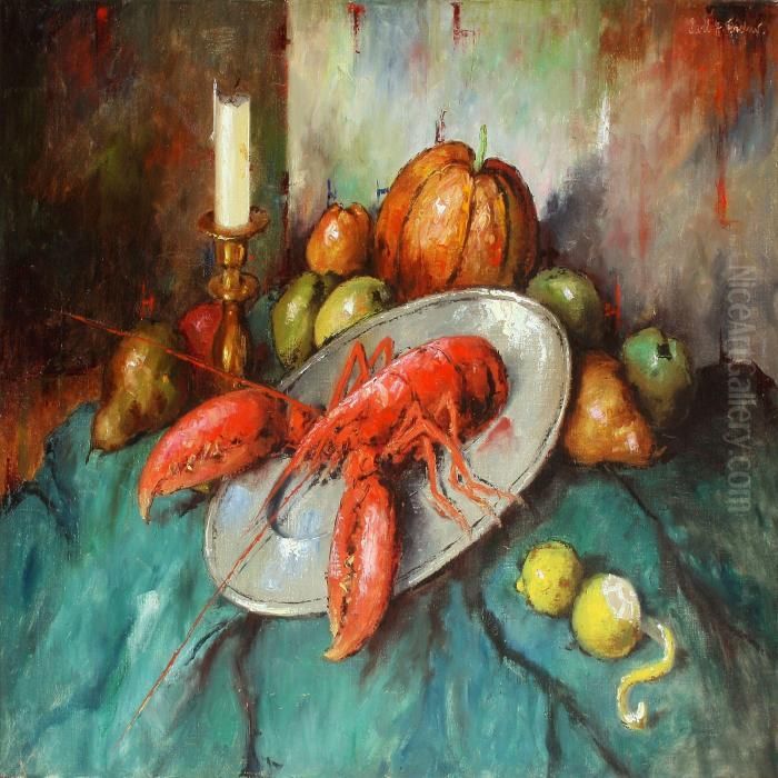 Still Life Withfruits And Lobster Oil Painting by Carl Holger Fischer