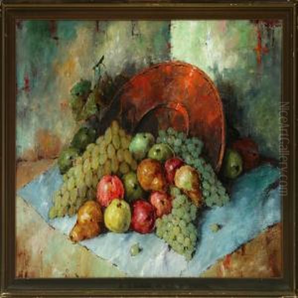 Still Life With Fruitand Plate On A Table Oil Painting by Carl Holger Fischer
