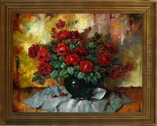 A Still Life With Roses In A Vase On A Table Oil Painting by Carl Holger Fischer