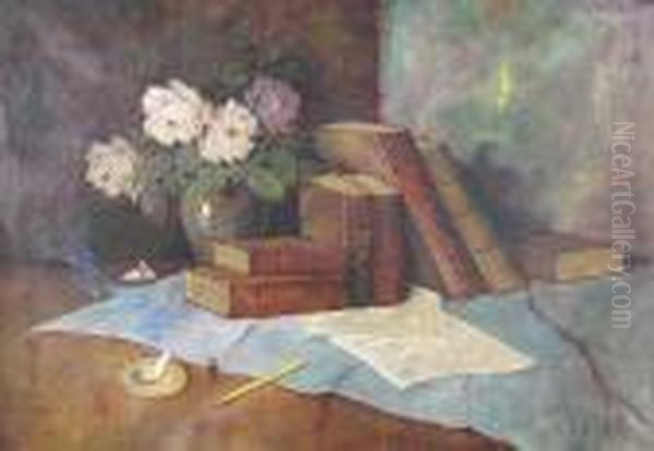A Still Life Of Pink Roses In A Vase And Stacked Books Oil Painting by Carl Holger Fischer