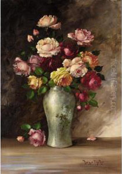 Still Life With Roses Oil Painting by Carl Holger Fischer