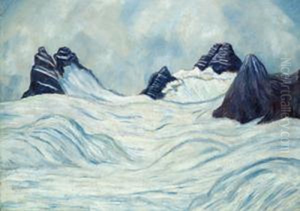 Snow Meadow With Dark Mountain Tops Oil Painting by Johannes Fischer