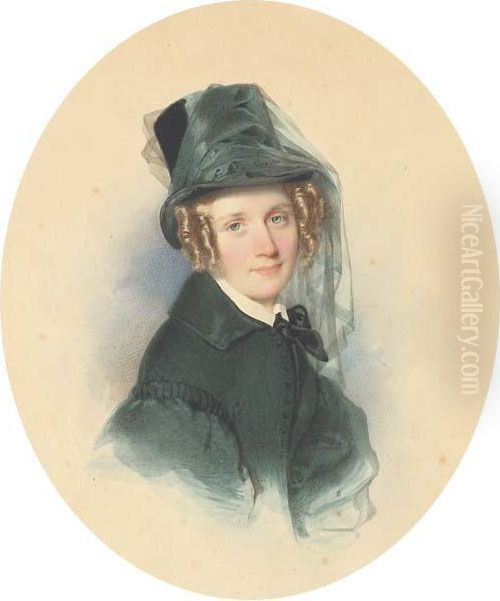 Portrait De Jeune Femme En Buste Avec Un Chapeau Haut-de-formesurmonte D'un Voile Oil Painting by Leopold Fischer