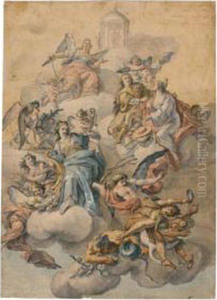 Design For A Ceiling Decoration:
 The Apotheosis Of A Young Man Surrounded By Allegorical Figures Oil Painting by Fedele Fischetti