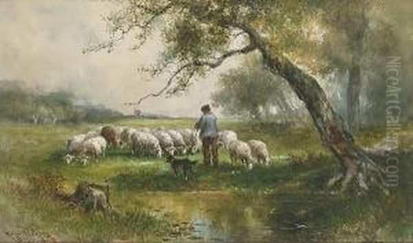 A Shepherd, His Dog, And His Flock In A Pasture Oil Painting by Hugo Anton Fisher