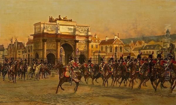 Napoleon And His Staff Reviewing
 The Mounted Chasseurs Of The Imperial Guard Before The Arc De Triomphe 
Du Carrousel Oil Painting by Francois Flameng