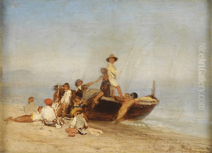 Fischervolk Am Strand Von Neapel. Oil Painting by Albert Flamm