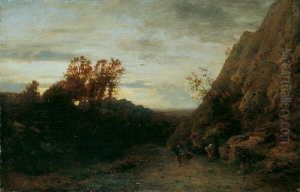 Gebirgslandschaft Mit Wanderern.
 Signiert Unten Rechts: A. Flamm. Ol Auf Leinwand. H 38,5; B 59,5 Cm. Oil Painting by Albert Flamm
