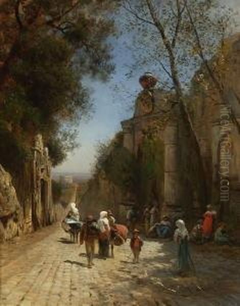 Italienische
 Strasenszene. Oil Painting by Albert Flamm