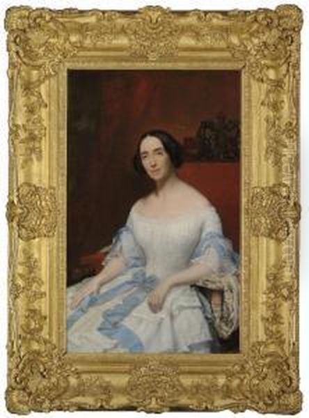 Portrait Of Helena, Baronne 
Fould, Seated, Three-quarter-length, In A White Dress With Blue Ribbon Oil Painting by Hippolyte Flandrin