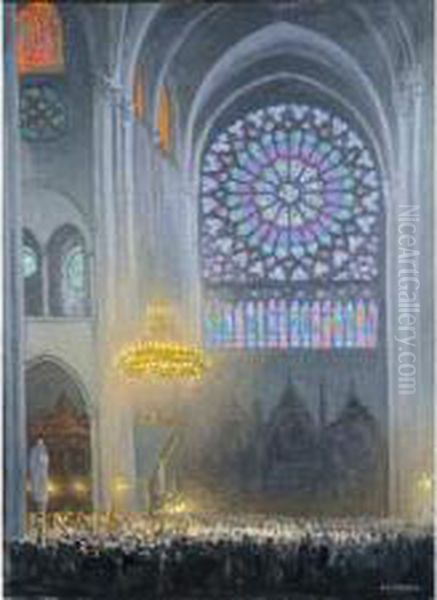 : Interieur De Notredame De 
Paris Pendant La Messesolennelle Pour Les Societes De Sauvetage Oil Painting by Jules Flandrin
