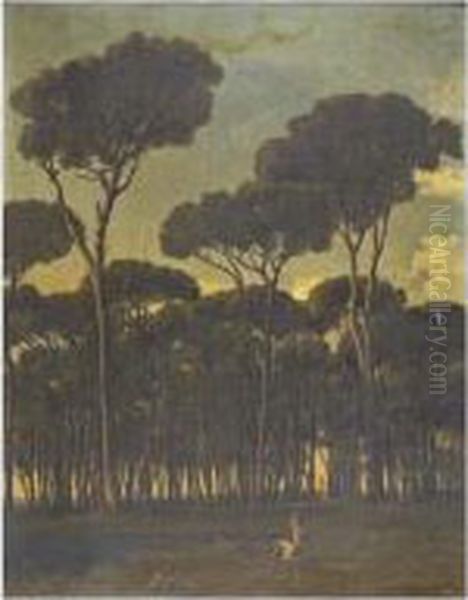 Deux Jeunes Filles Cueillant Des Fleurs Dans Un Paysage Classique Oil Painting by Paul Flandrin