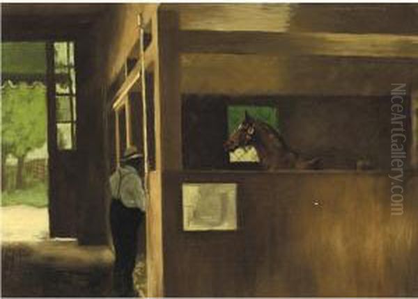 The Man O'war In A Box Stall With Will Harbut, 1945 Oil Painting by Vaughn Flannery
