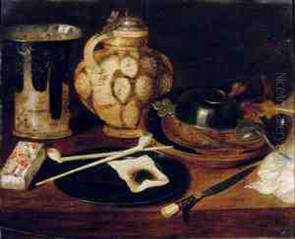 A Deck Of Cards, A Pewter Plate 
With Pipes And Tobacco, An Earthenware Beaker And Jug, A Knife And An 
Earthenware Bowl With Pewter Objects On A Table Oil Painting by Georg Flegel