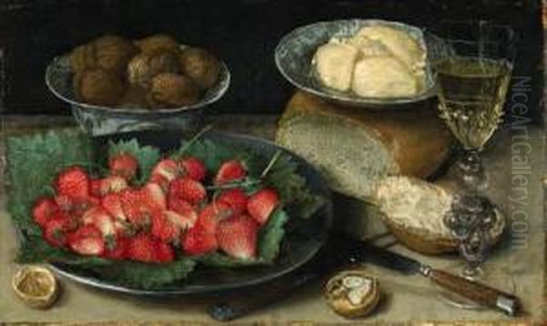 Strawberries On A Plate, Walnuts
 In A Porcelain Bowl, Butter On Aplate, A Loaf Of Bread, A Faon De 
Venise Wine Glass, A Knife And Afork On A Table Oil Painting by Georg Flegel