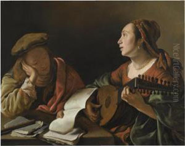 A Young Lady Playing The Lute To
 A Young Man Reading, Or 'anallegory Of Sight And Hearing' Oil Painting by Govert Teunisz. Flinck